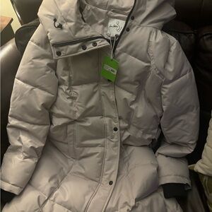 Sam Edelman puffer with hood and detachable belt, in color lilac.